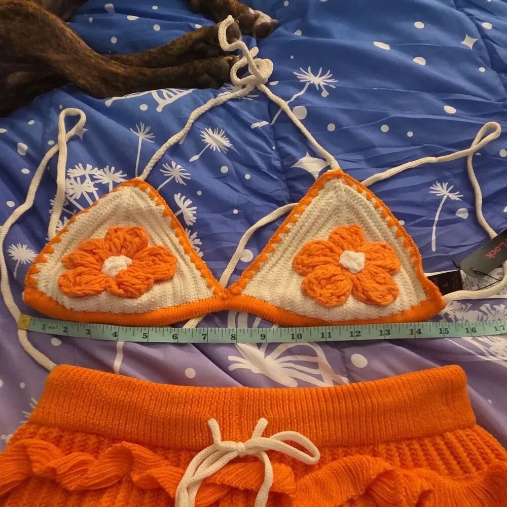 ROMWE Orange White Floral Bow Crochet Knit Triangle Top & Short Set L NWT